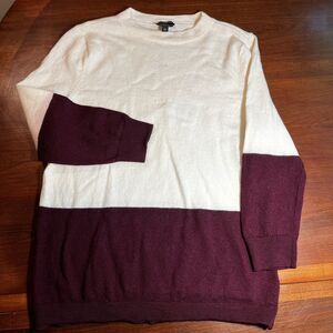 Talbots Petite L Ivory Red Wine 3/4 Sleeves V-neck Sweater 100% merino wool Knit